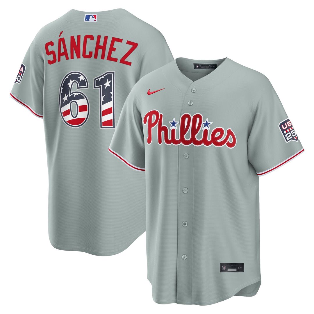 Men's Fourth of July Men's Philadelphia Phillies Cristopher Sanchez Gray USA 250 Stadium MLB Baseball Jersey - view 1