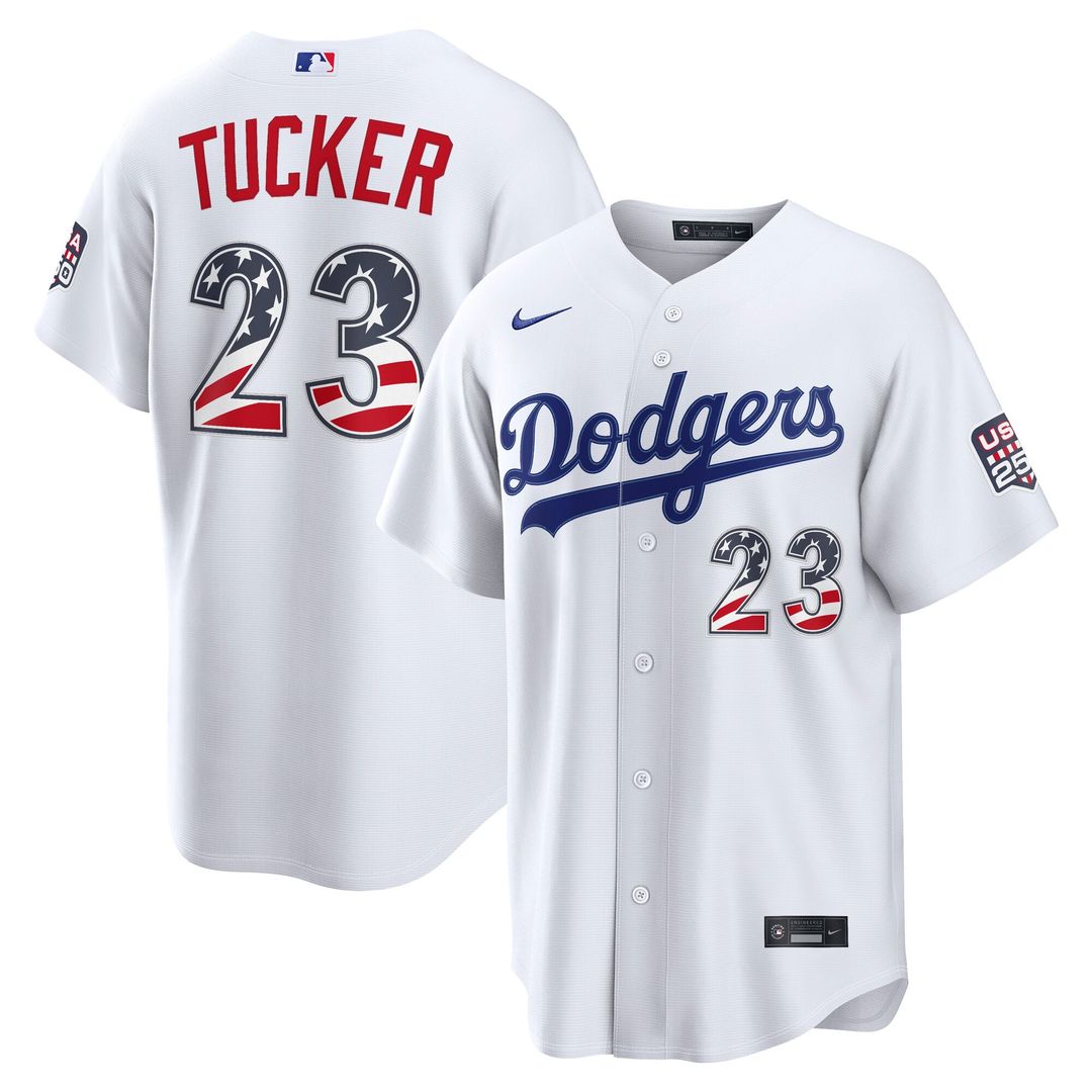 Men's Fourth of July Men's Los Angeles Dodgers Kyle Tucker White USA 250 Stadium MLB Baseball Jersey - view 1