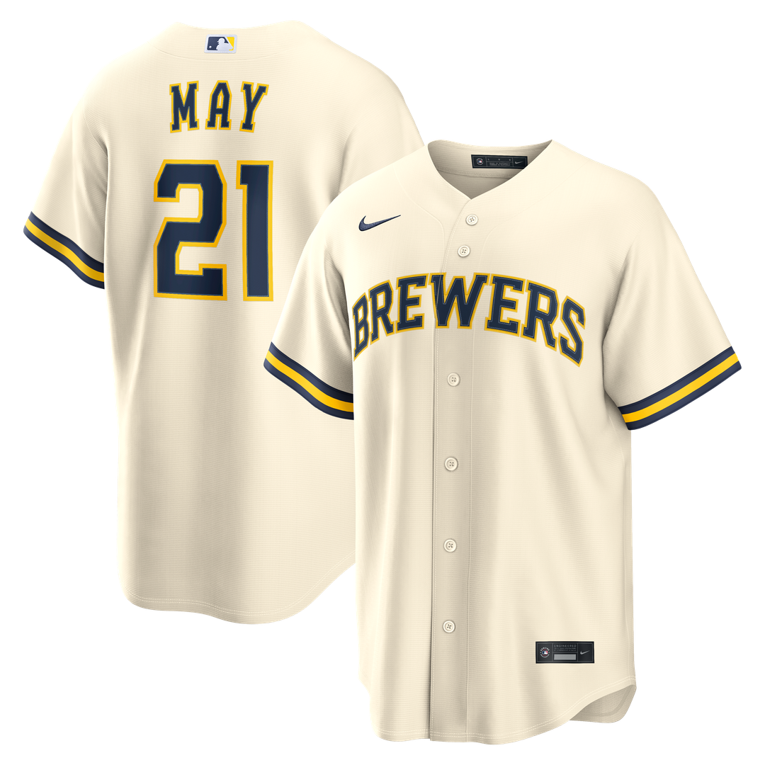 Men's Milwaukee Brewers Dustin May Cream Home Replica MLB Baseball Jersey - view 1