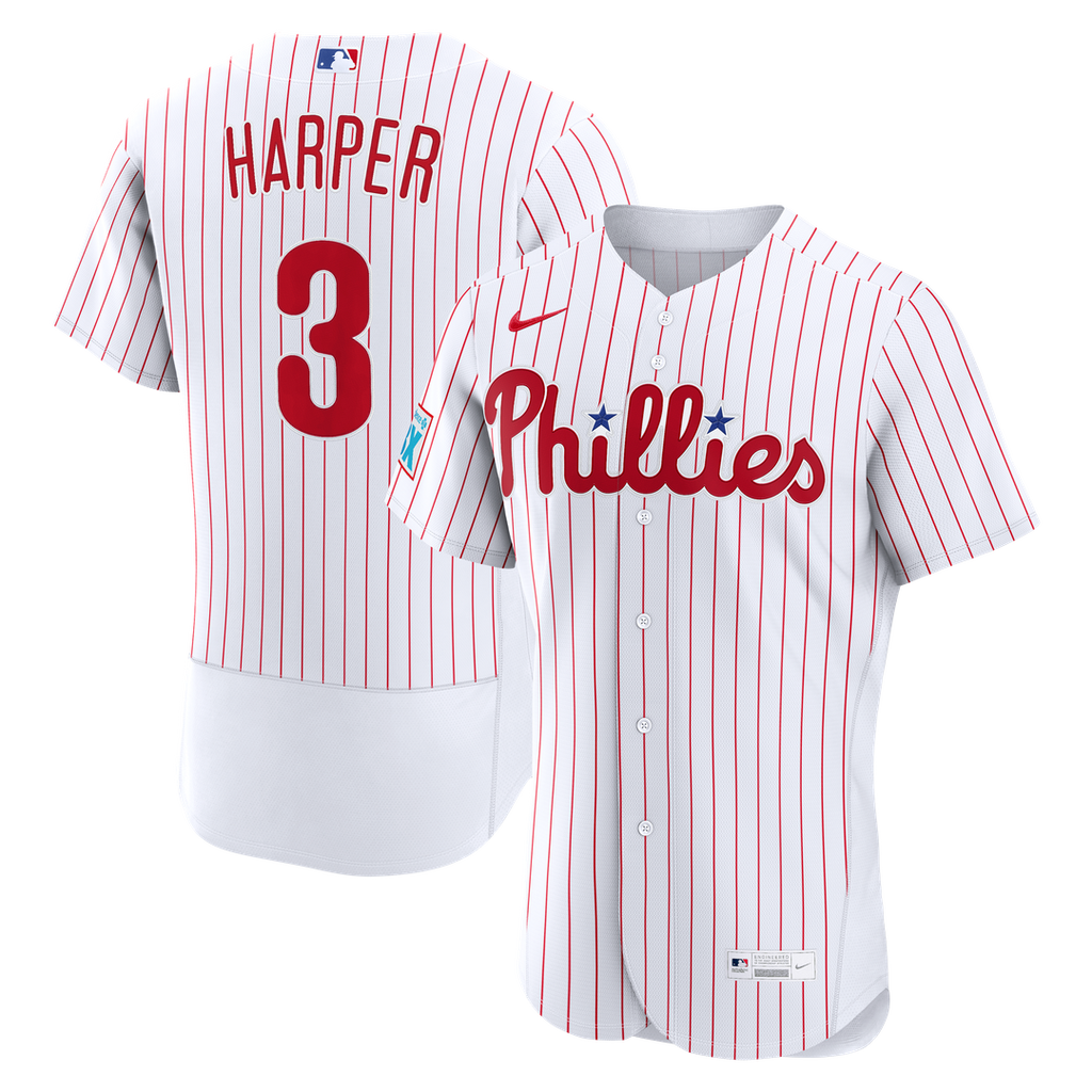 Men's Philadelphia Phillies Bryce Harper White Home Sponsor Patch MLB Baseball Jersey - view 1