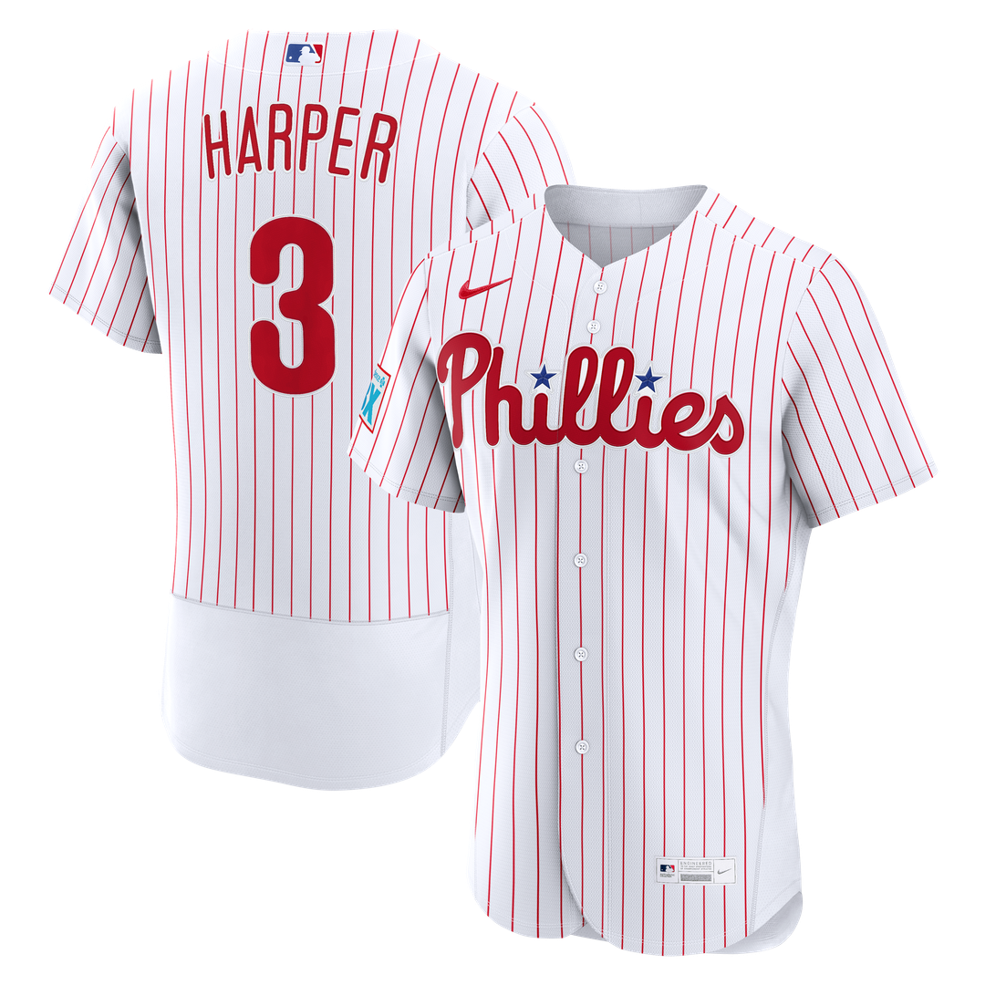 Men's Philadelphia Phillies Bryce Harper White Home Sponsor Patch MLB Baseball Jersey - view 1