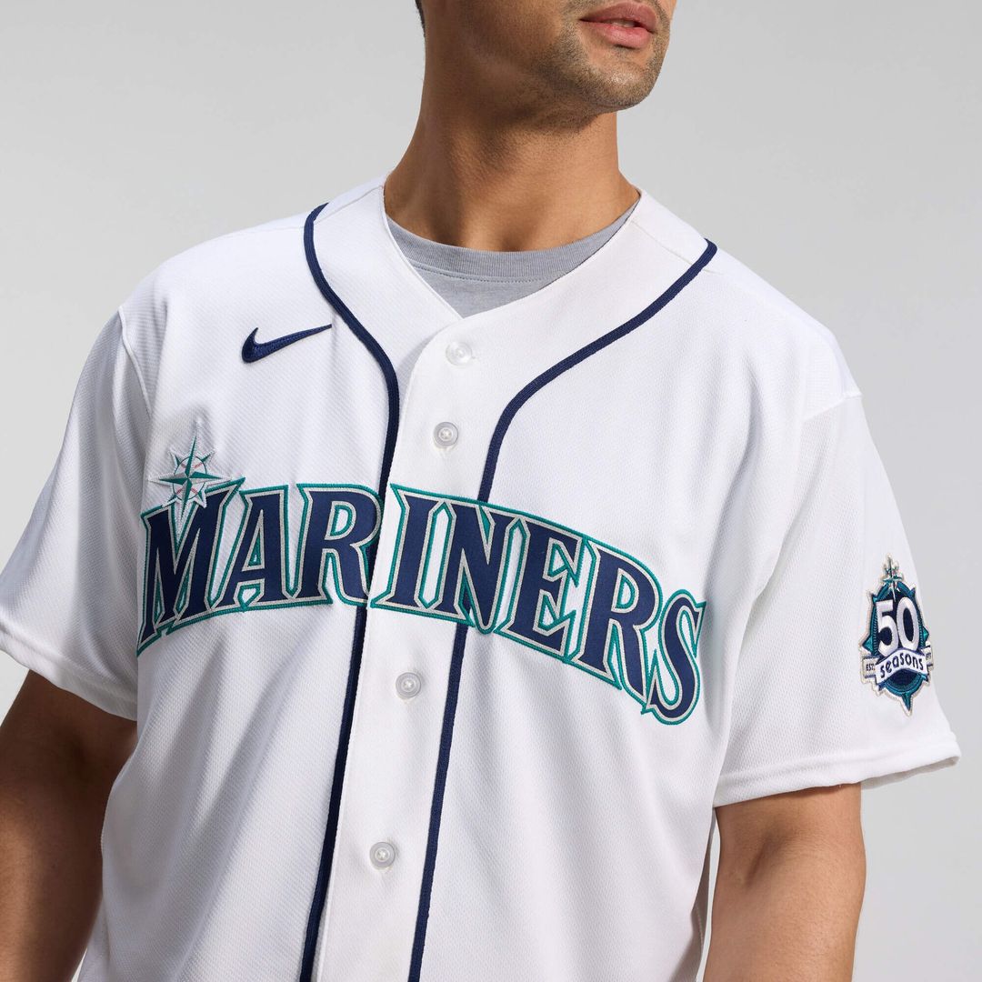 Men's Seattle Mariners White 50th Anniversary Patch Home MLB Baseball Jersey - view 10