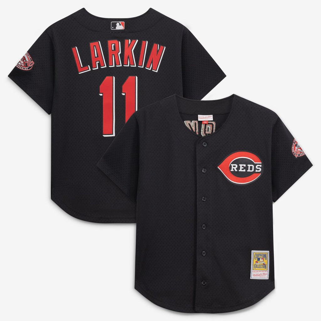 Men's Cincinnati Reds Barry Larkin Black Cooperstown Collection Mesh Batting Practice Button-Up MLB Baseball Jersey - view 1