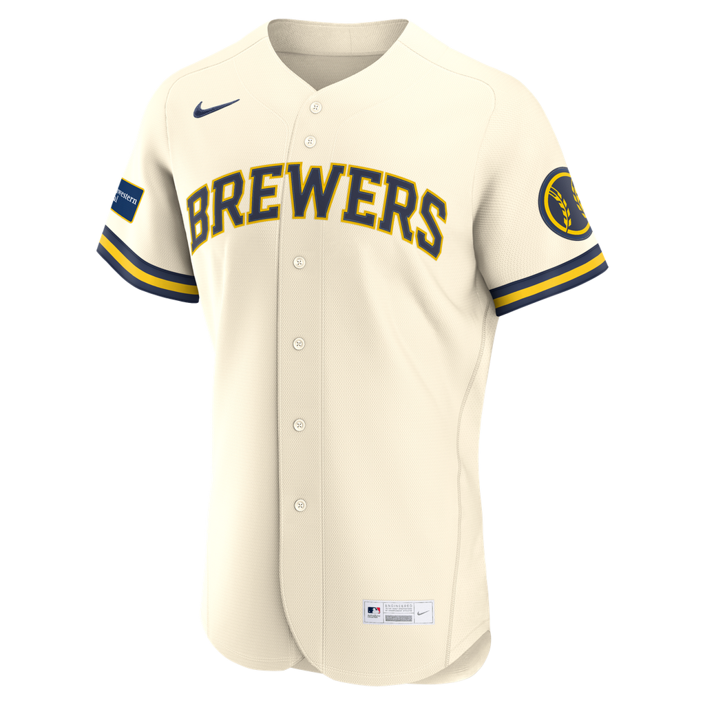 Men's Milwaukee Brewers Cream Home Sponsor Patch MLB Baseball Jersey - view 2