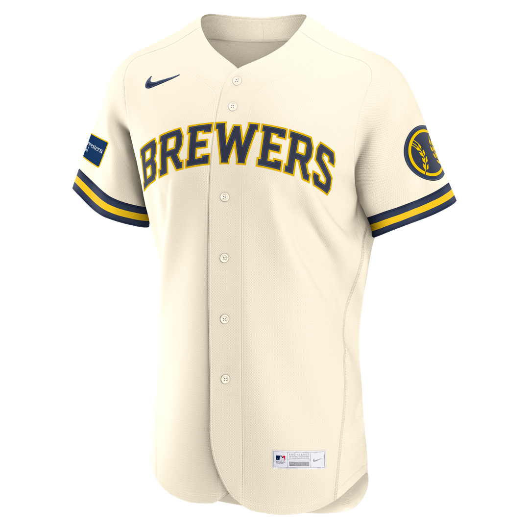 Men's Milwaukee Brewers Cream Home Sponsor Patch MLB Baseball Jersey - view 2