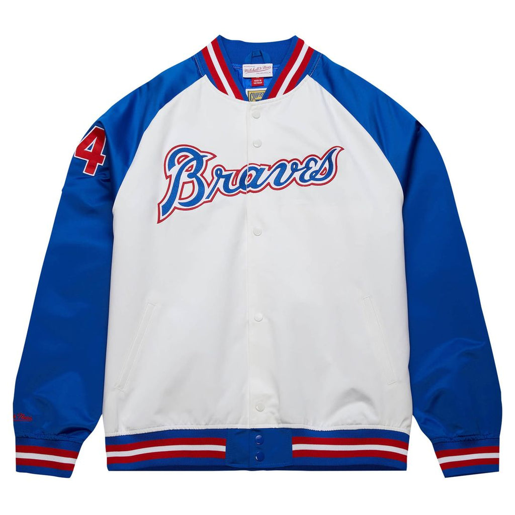 Men's Atlanta Braves Hank Aaron White/Royal Cooperstown Collection Legends Lightweight Satin Raglan Full-Snap Jacket - view 2