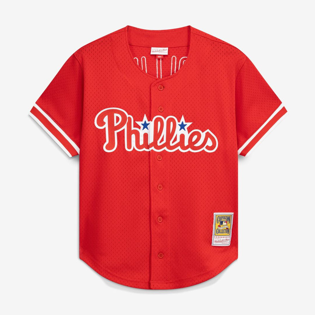 Men's Philadelphia Phillies Jimmy Rollins Red Cooperstown Mesh Batting Practice Button-Up MLB Baseball Jersey - view 2