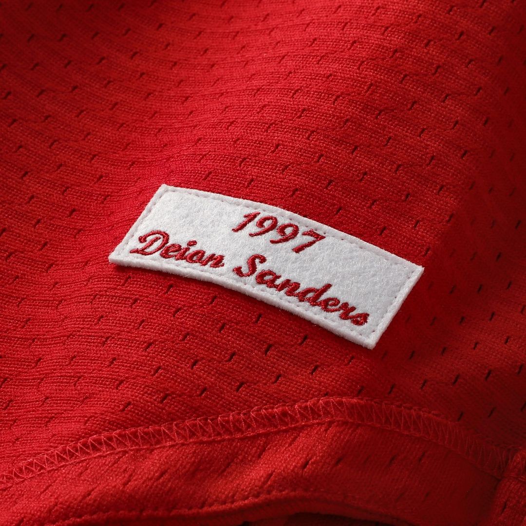Men's Cincinnati Reds Deion Sanders Red Cooperstown Mesh Batting Practice Button-Up MLB Baseball Jersey - view 6