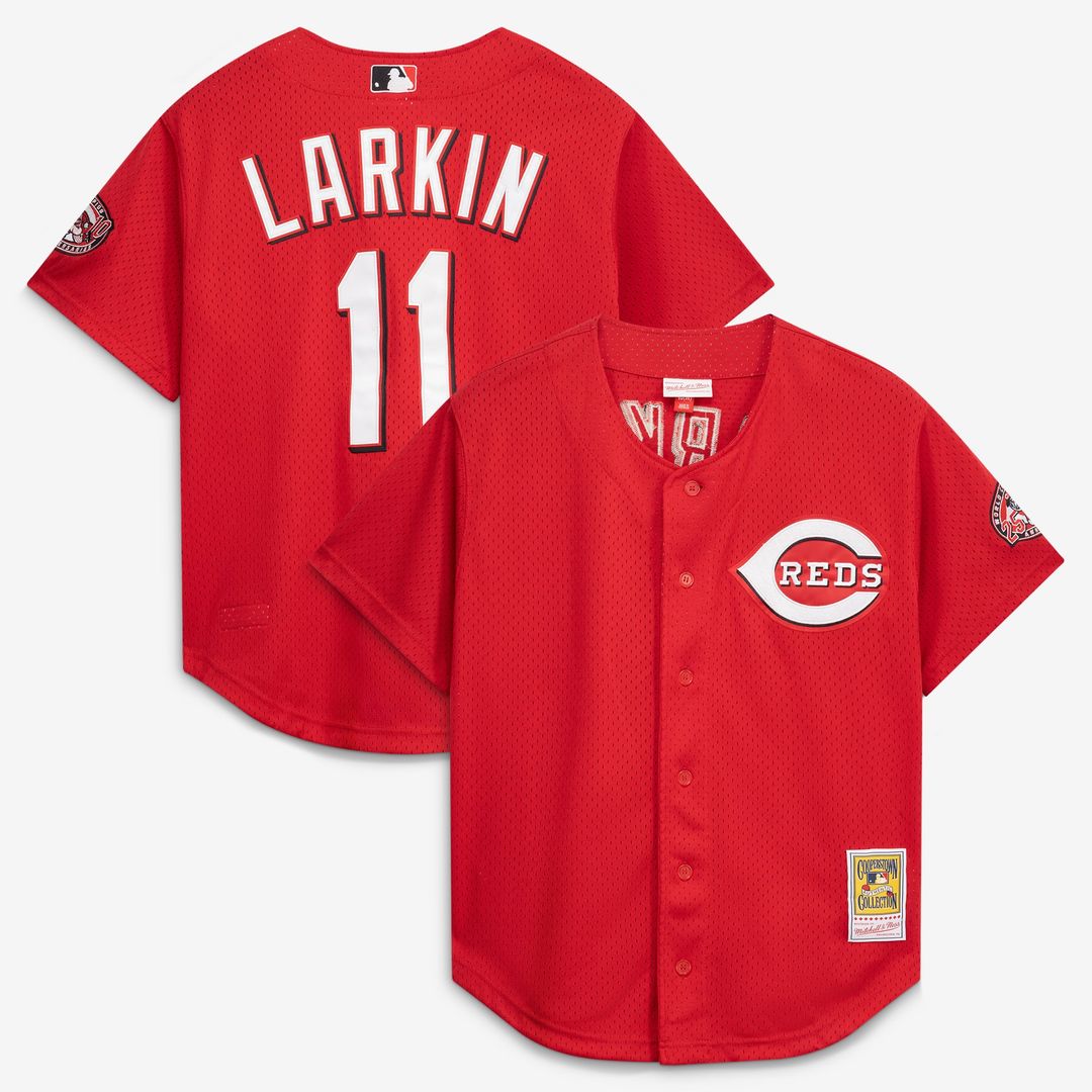 Men's Cincinnati Reds Barry Larkin Black Cooperstown Collection Mesh Batting Practice Button-Up MLB Baseball Jersey - view 15