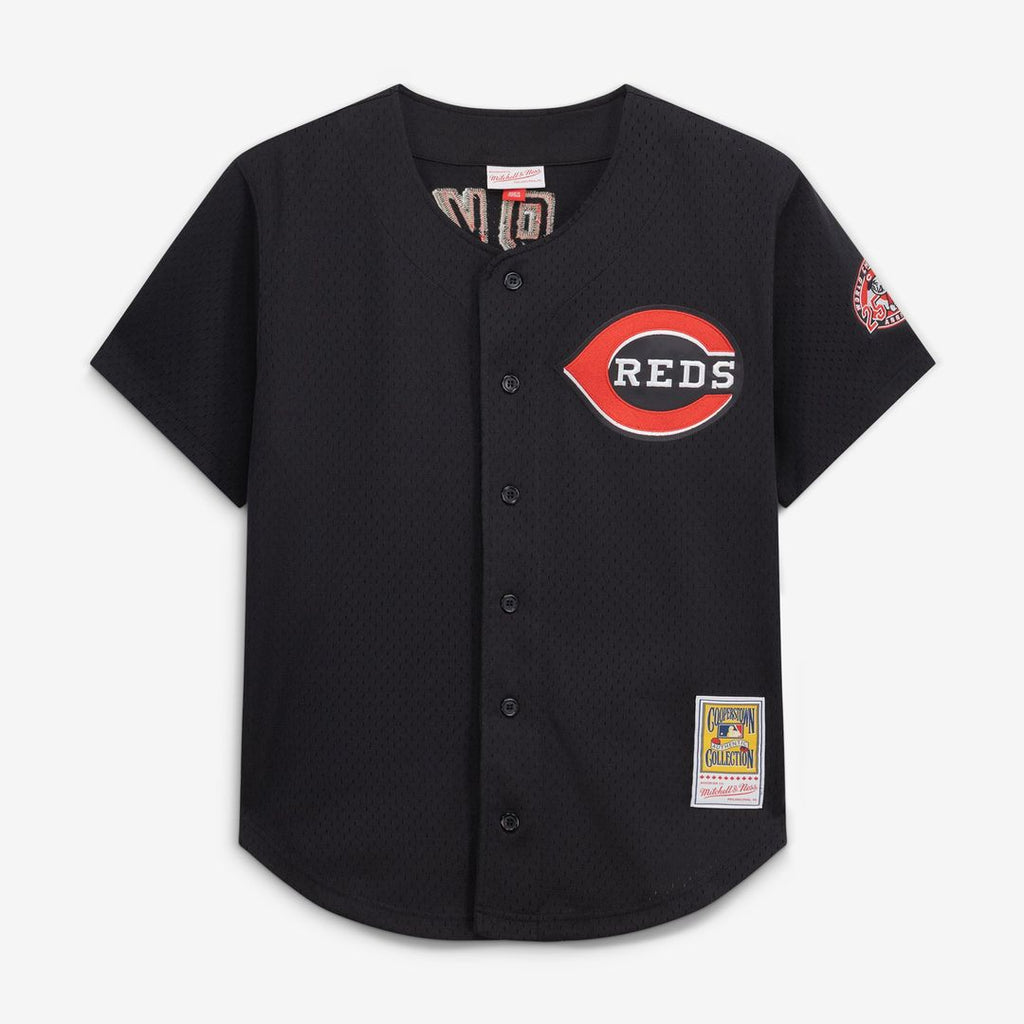 Men's Cincinnati Reds Barry Larkin Black Cooperstown Collection Mesh Batting Practice Button-Up MLB Baseball Jersey - view 2