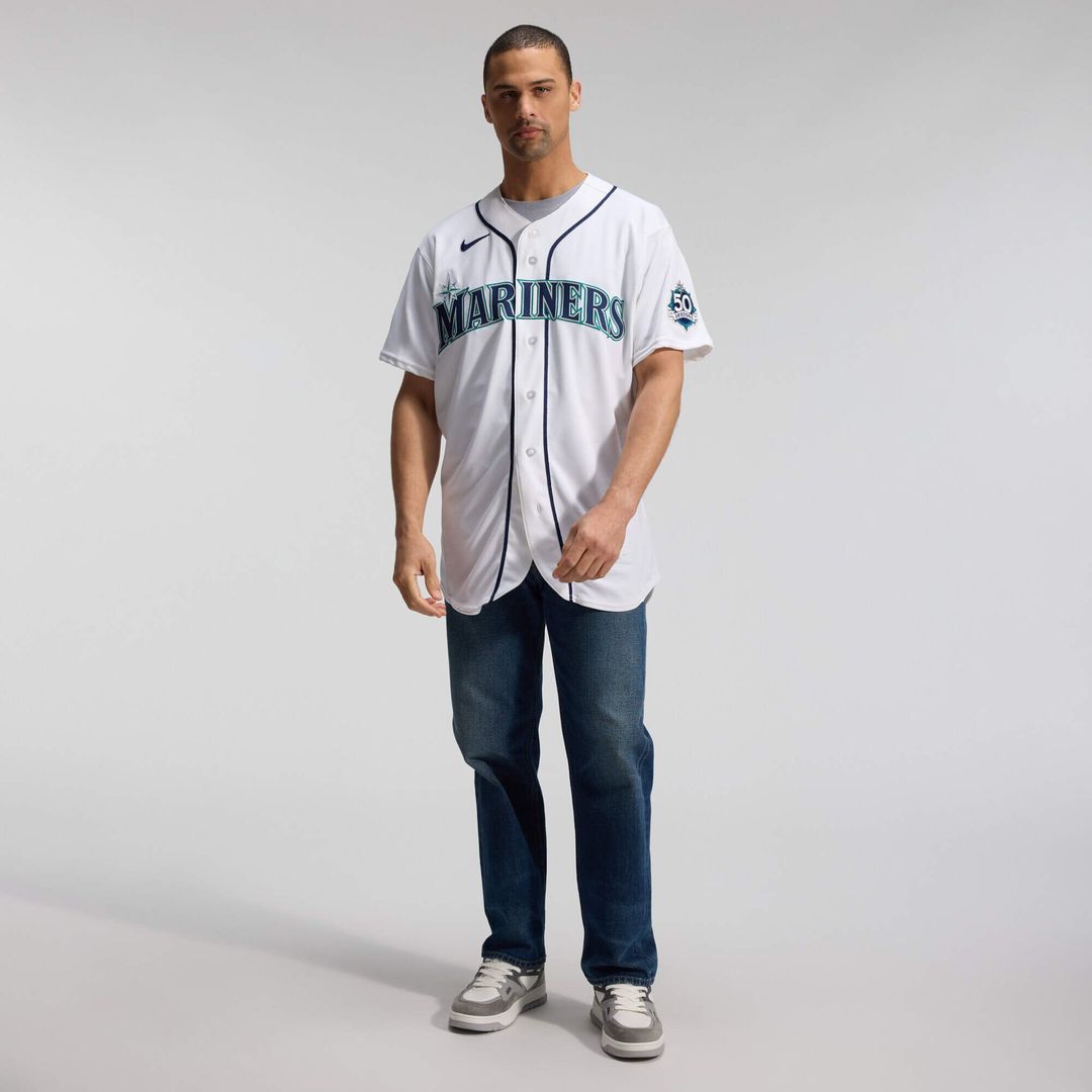 Men's Seattle Mariners White 50th Anniversary Patch Home MLB Baseball Jersey - view 7