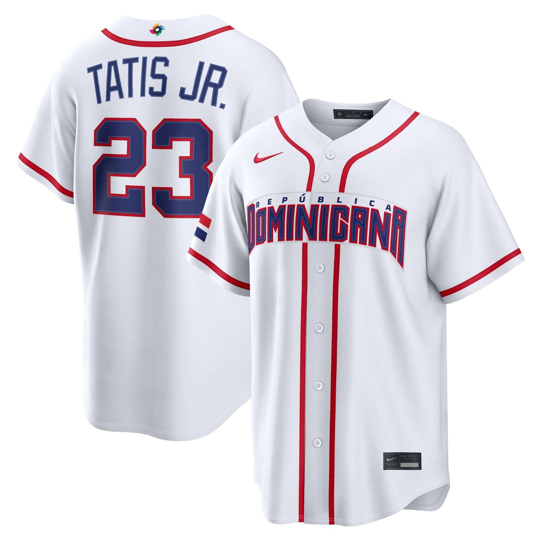 Men's Dominican Republic Baseball Fernando Tatis Jr. White 2026 World Baseball Classic Home Stadium MLB Baseball Jersey - view 1