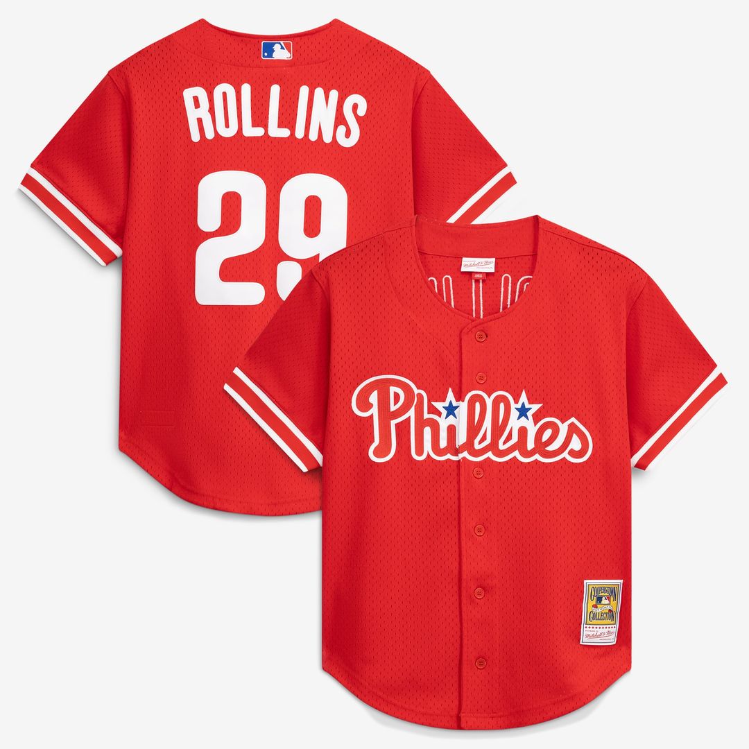 Men's Philadelphia Phillies Jimmy Rollins Red Cooperstown Mesh Batting Practice Button-Up MLB Baseball Jersey - view 1