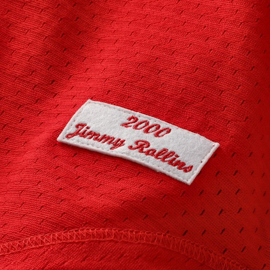 Men's Philadelphia Phillies Jimmy Rollins Red Cooperstown Mesh Batting Practice Button-Up MLB Baseball Jersey - view 6
