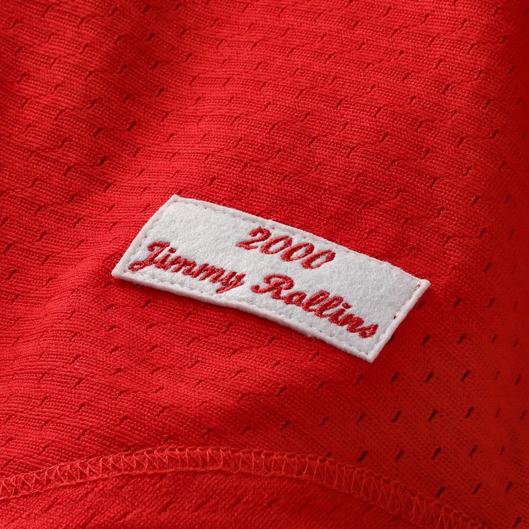 Men's Philadelphia Phillies Jimmy Rollins Red Cooperstown Mesh Batting Practice Button-Up MLB Baseball Jersey - view 6