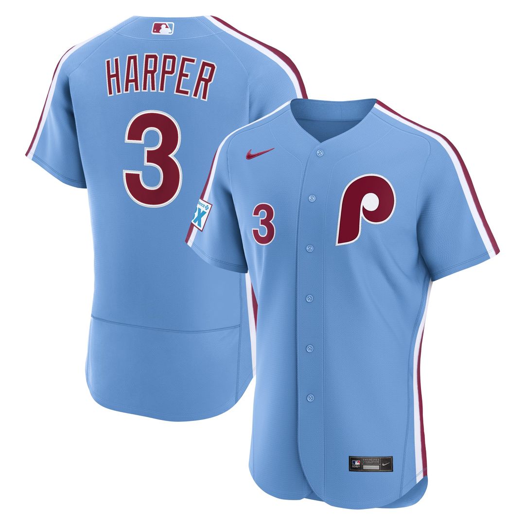 Men's Philadelphia Phillies Bryce Harper Light Blue Alternate Sponsor Patch MLB Baseball Jersey - view 1