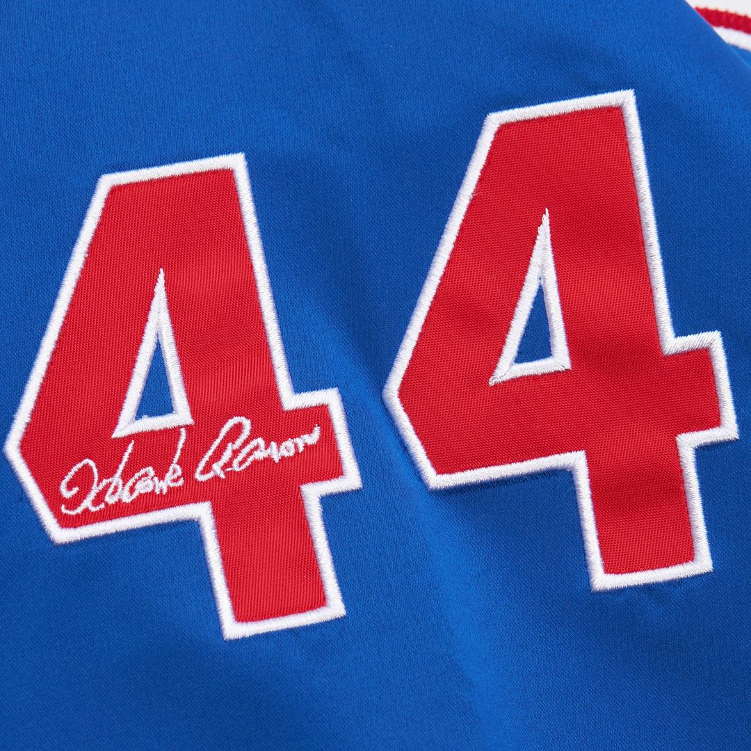 Men's Atlanta Braves Hank Aaron White/Royal Cooperstown Collection Legends Lightweight Satin Raglan Full-Snap Jacket - view 4