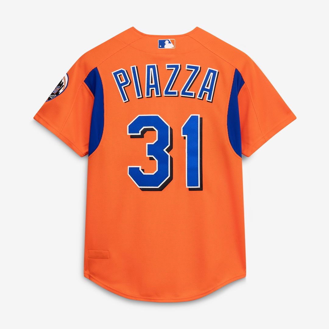 Men's New York Mets Mike Piazza Orange Cooperstown Collection Mesh Batting Practice Button-Up MLB Baseball Jersey - view 3